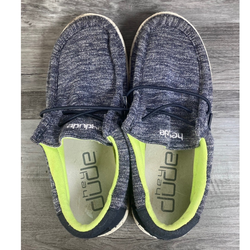 Hey Dude Wally Youth Stretch Naval Speckle Navy Neon Lime Loafers Size Y2 EU 34 - Picture 6 of 7